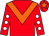 Red, orange chevron, red sleeves, white spots, red cap, orange star