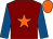 Maroon, orange star, royal blue sleeves, orange cap