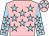 Pink, light blue stars, light blue sleeves, pink stars, pink cap, light blue star