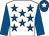 White, royal blue stars and sleeves, royal blue cap, white star