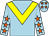 Light Blue, Yellow chevron, Light Blue sleeves, orange stars, Light Blue cap, orange stars