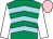 Emerald green, light blue chevrons, white sleeves, pink cap