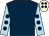 Dark blue, light blue sleeves, dark blue spots, beige cap, dark blue spots