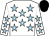 White, light blue stars, white arms, light blue stars, black cap