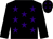 Black body, purple stars, black arms, black cap, purple stars