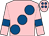 Pink, large royal blue spots, armlets and spots on cap