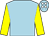 Light blue, yellow sleeves, light blue cap, white spots