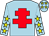 light blue, red cross of lorraine,yellow stars on sleeves, yellow stars on cap