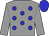 grey, blue spots, grey sleeves, blue cap