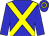 Blue, yellow cross sashes, yellow hoop on cap