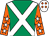 Emerald green, white cross belts, orange sleeves, white stars, white cap, orange diamonds