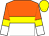 orange and white halved horizontally, yellow hoop, orange and white halved sleeves, yellow armbands, yellow cap