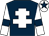 Dark blue, white cross of lorraine, white sleeves, dark blue armlets and star on white cap