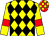 Yellow and black diamonds, yellow sleeves, red armlets, red and yellow check cap