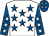 White, royal blue stars, royal blue sleeves, white stars, royal blue cap, white stars