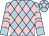 Light blue and pink diamonds, chevrons on sleeves, light blue cap, pink star