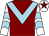 Maroon, light blue chevron, white and light blue chevrons on sleeves, white cap, maroon star