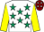 White, emerald green stars, yellow sleeves, maroon cap, white stars