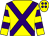 Yellow, purple cross belts, hooped sleeves and spots on cap