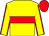 yellow, red hoop, red seams on sleeves, red cap