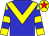 Blue body, yellow chevron, yellow arms, blue hooped, yellow cap, red star