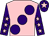 Pink, large purple spots, purple sleeves, pink stars, purple cap, pink star