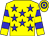 Yellow body, blue stars, yellow arms, blue hooped, yellow cap, blue hooped