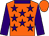 Orange, purple stars, purple sleeves and collar, orange cap