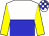 White and blue halved horizontally, yellow sleeves, white and blue checked cap