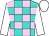 Turquoise and pale pink checks, white sleeves and cap