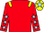 Red body, yellow epaulets, red arms, light blue stars, yellow cap, light blue star