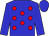 Blue body, red spots, blue arms, blue cap