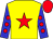 yellow, red star, blue sleeves, red spots, red cap