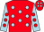 Red, light blue spots, light blue sleeves, red spots, red cap, light blue spots