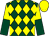 Dark green and yellow diamonds, yellow and dark green halved sleeves, yellow cap