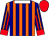 Orange and navy stripes, white collar, navy, orange and red striped sleeves, red cuffs and cap