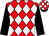 Red and white diamonds, black sleeves, red and white checked cap, black peak