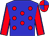 Blue, red spots, red sleeves, blue seams, quartered cap