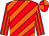 red and orange diagonal stripes, striped sleeves,quartered cap