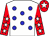 White, blue spots, red sleeves, white stars, red cap, white star