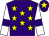 Purple, yellow stars, white sleeves, purple armlets, purple cap, yellow star