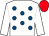 White, royal blue spots, white sleeves, red cap