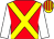 Red, yellow crossed sashes, white sleeves, yellow and red striped cap