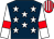 Dark blue, white stars, white sleeves, red armlets, red and white striped cap