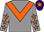 Grey, orange chevron, orange stars on sleeves, purple cap, orange star