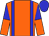 orange, blue braces, blue and orange halved sleeves, blue cap