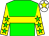 Green body, yellow hoop, yellow arms, green stars, white cap, yellow star