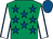 Emerald green, royal blue stars, white sleeves, royal blue seams, royal blue cap