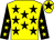 Yellow, black stars, black sleeves, yellow stars, yellow cap, black star