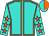 Turquoise, orange seams, turquoise sleeves, orange stars, halved cap